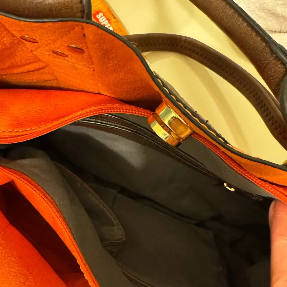 Alyssa Orange and Brown Leather‎ Shoulder Bag with Gold Clasp